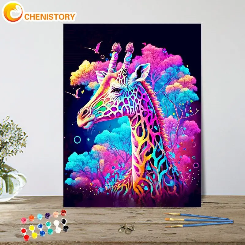 

CHENISTORY Pictures By Number Kits Colorful Giraffe Hand Painted Paintings Drawing On Canvas Animal Painting By Numbers Home Dec