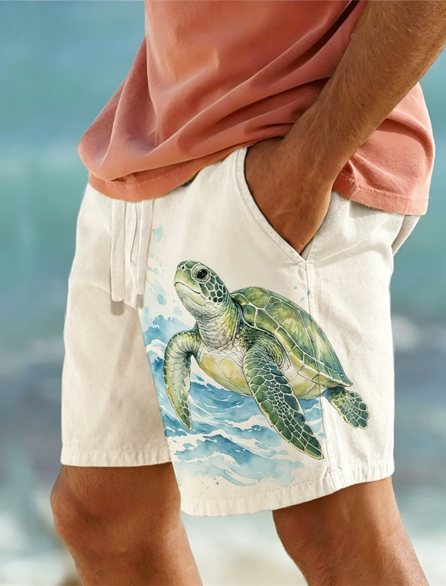 Men's Drawstring Waist Watercolor Sea Turtle Print Casual Shorts, Beachwear Bottoms for Summer Daily Outdoor Vacation Wear