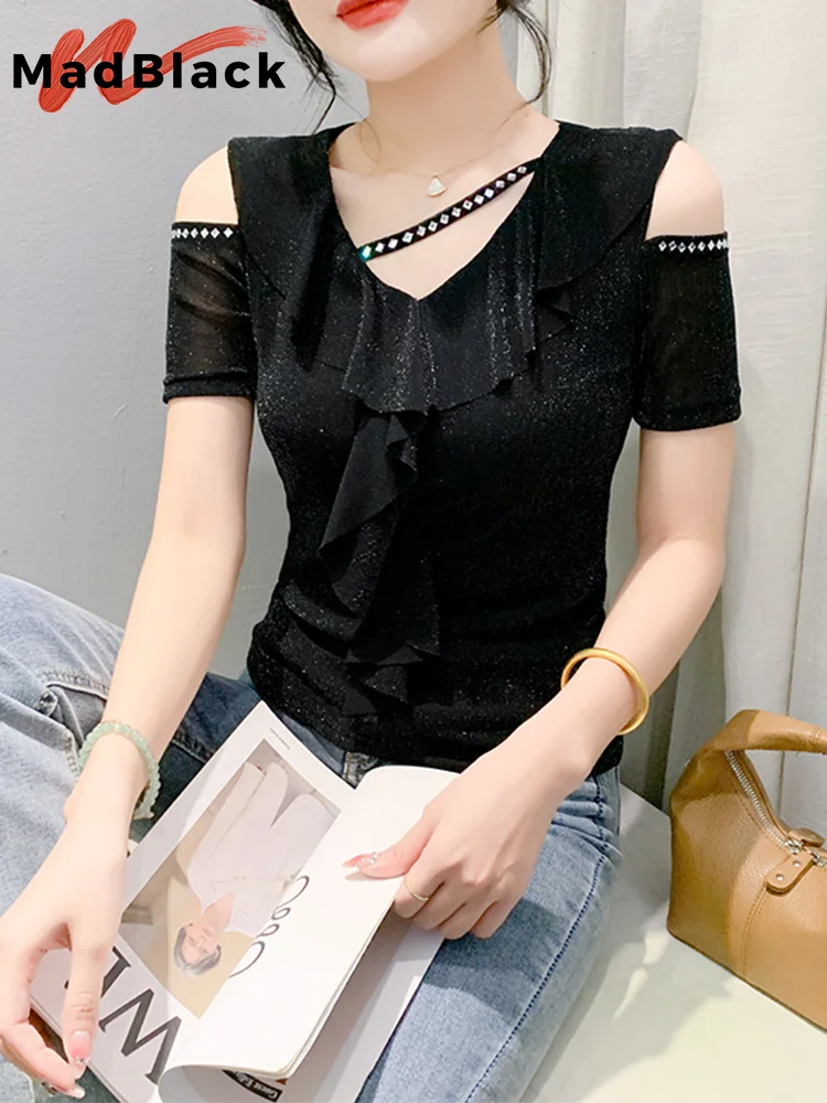 

MadBlack European Clothes Tshirts Women Sexy Thin V Neck Ruffle Drilling Slim Mesh Tops Short Sleeve Elastic Tee Summer T44668JM