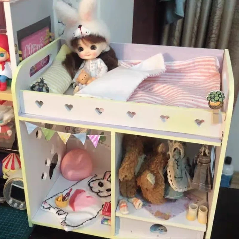 Doll House Mini Furniture Bedroom Children Play House Double Bed Wooden Fabric Bed BJD Doll Bed