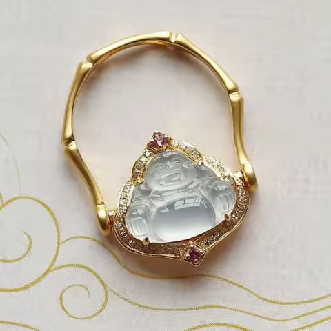 Silver inlaid natural ice jade chalcedony Buddha rings for women dual purpose ring pendant classic Chinese style jewelry