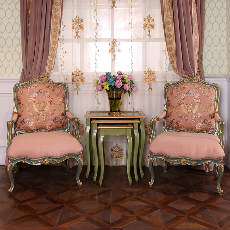 European French court style solid wood with gold leaf carving green frame pink embroidery fabric sofa chair single chair