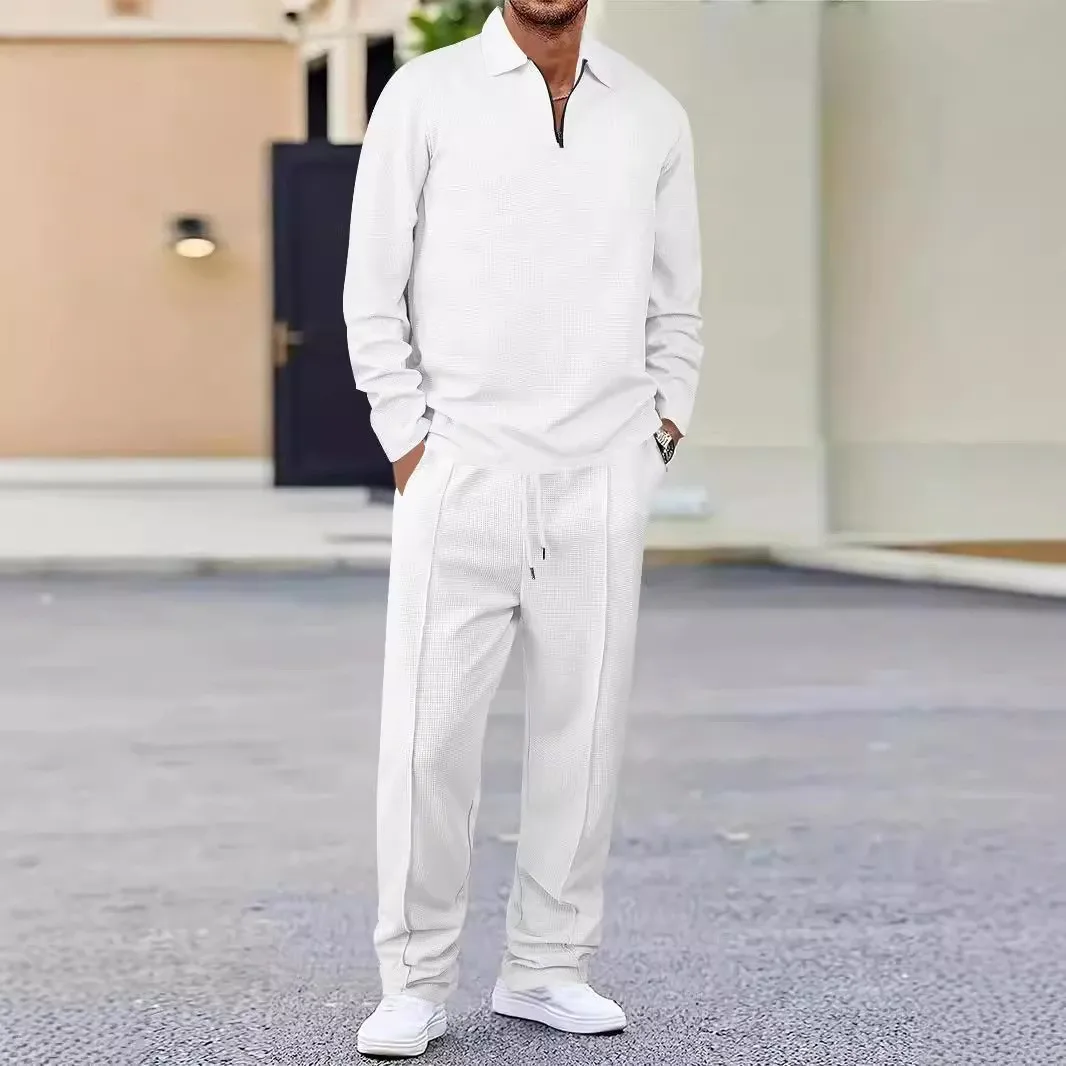 2025 new men's suit casual daily solid color Waffle fabric breathable Polo long sleeve shirt two pantsuits