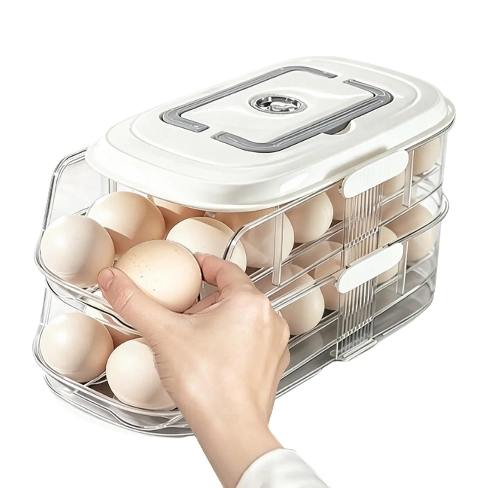 

Egg Container For Refrigerator Automatic Rolling Clear Stackable With Lid Handle Egg Storage Box For Desktop Cabinet Countertop