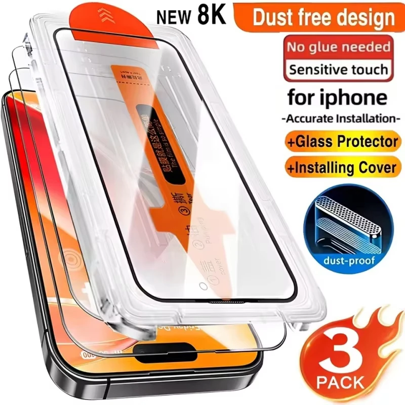 

3pcs HD Tempered Glass Screen Protector for iPhone 17 16Pro Max 15 14 11 12 13 mini 12 11 X Scratch-Proof Dust-Free Installation