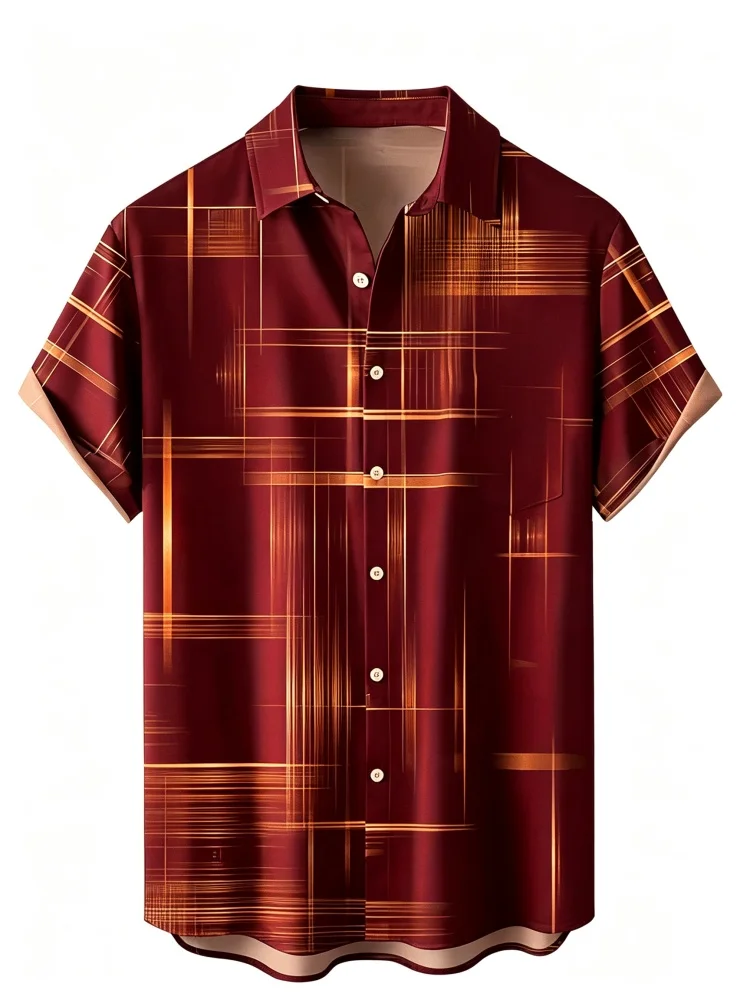 Men's plaid short sleeved shirt with light and shadow lines printed all over the collar button commuting casual shirt