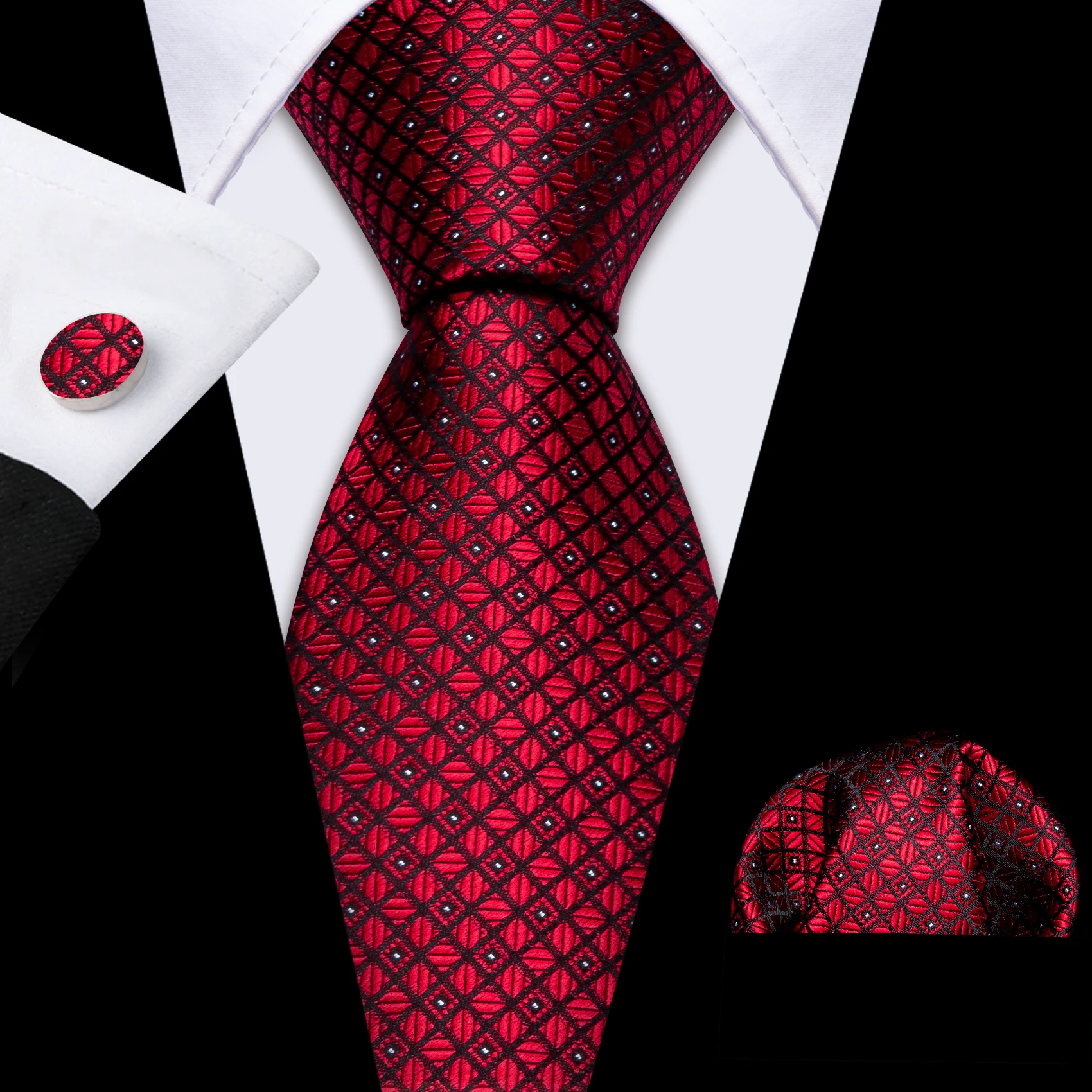 Barry.Wang Men's Tie Set Red Plaid Dots Necktie Pocket Square Cufflinks for Male Weeding Business Jacquard Designer Men Gift