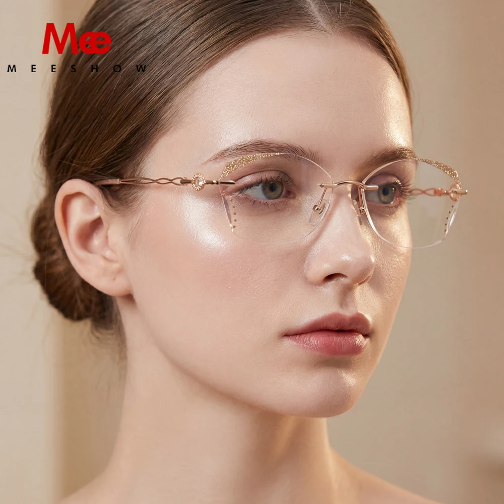 Meeshow Luxury Women Glitter Titanium Glasses Frame Optical Gafas Elegant Female Eyeglasses Rimless Spectacles prescription lens