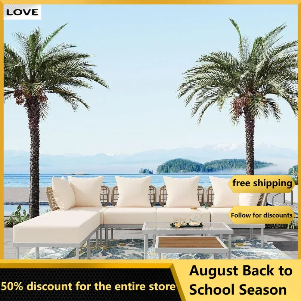 

8Piece Patio Sectional Sofa Set with2Corner Armchairs/Single Chairs/Ottomans,Two Wooden/Tempered Glass Coffee Table Six Pillows