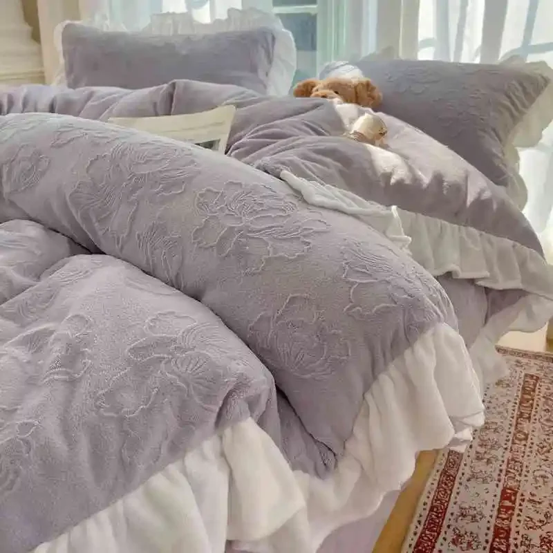 Velvet Warm Bedding Set Retro Peony Soft Quilt Cover Bed Sheet Pillowcase Autumn Winter Bed Linen 2 Bedroom Comfor Bedding