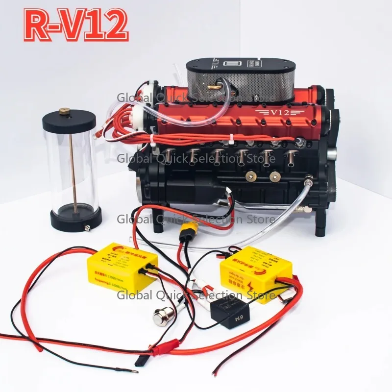 49.89cc V12 Mi-cro Engine Model Four Stroke Engine Model Metal Internal Combustion Engine for Modified RC Car Toy