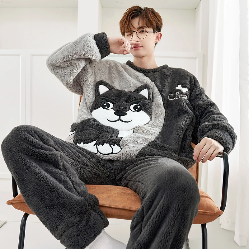 Siberian Husky Men Pajamas Set Adult Sleepwear Winter Thicken Pyjamas Homewear Coral Velvet Soft Warm Leisure Loungewear Pijamas