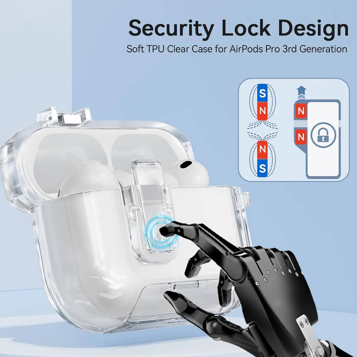 Clear Case for AirPods Pro 3/Pro2/Pro/4 Safety Lock Phone Stand Design Auto-Open Lid Cover with Keychain for AirPods 4/Pro 3/Pro