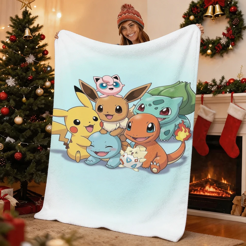 Pokemon Pikachu Gengar Bulbasaur Charmander Squirtle Psyduck Flannel Throw Blanket Soft Warm Blanket for Sofa Bed Home Decor Gif