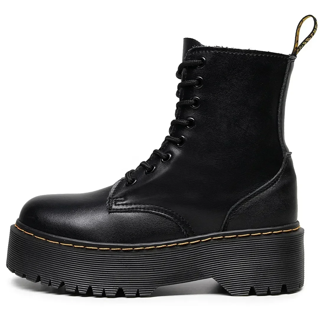 Sepatu Bot Wanita Kulit Asli Platform Ukuran Besar 35-45 Sepatu Bot Kulit Hitam Sepatu Punk Sepatu Bot Sepeda Motor Sol Tebal