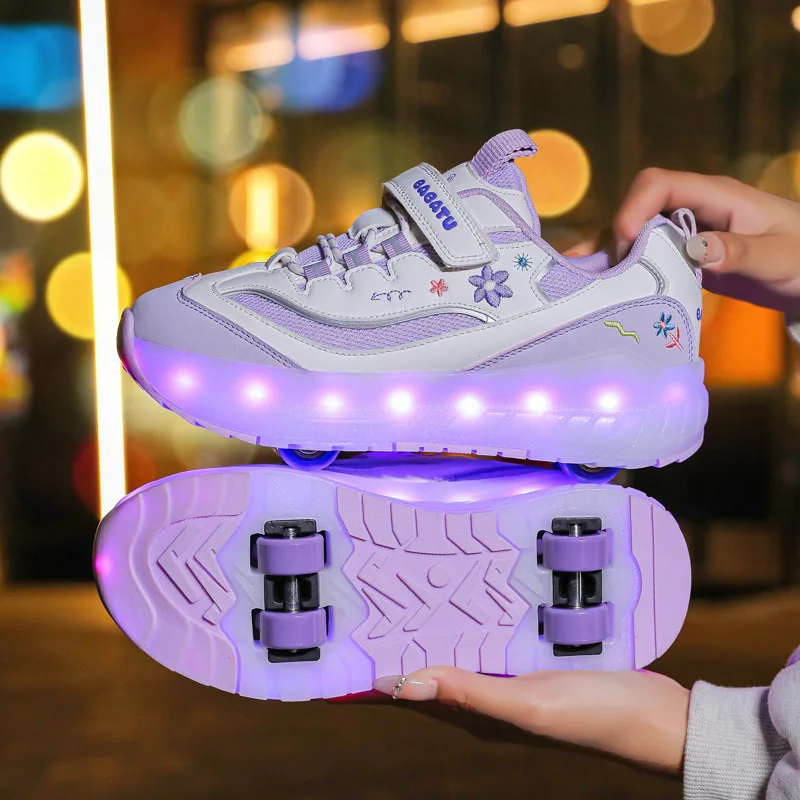 

2025 Colorful Lights Sports Pulley Shoes Girls Four-wheel Double Mesh Breathable Skating Casual Shoes