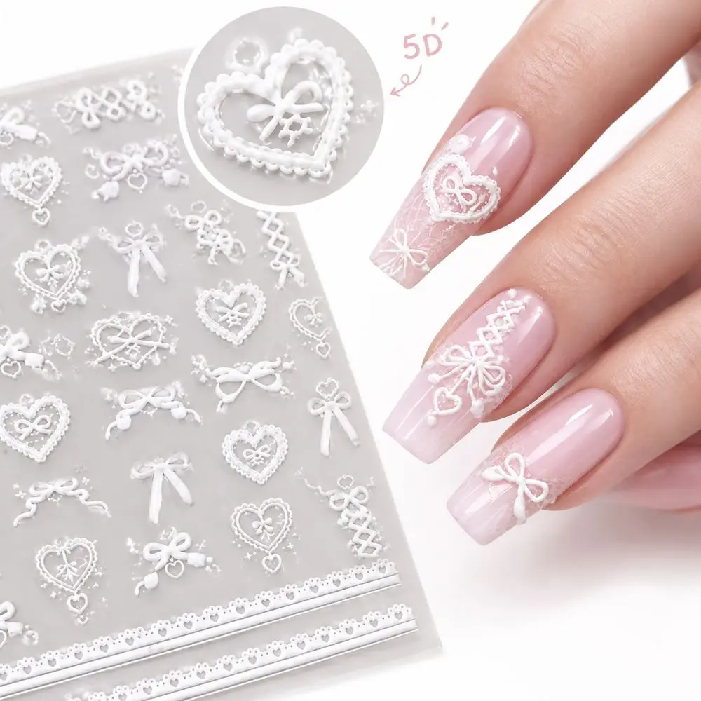 Beginner Friendly Lace Nail Kit White Bow Heart 5D Embossed Self Adhesive Decals Easy Apply DIY Home Manicure Set for Nail Art