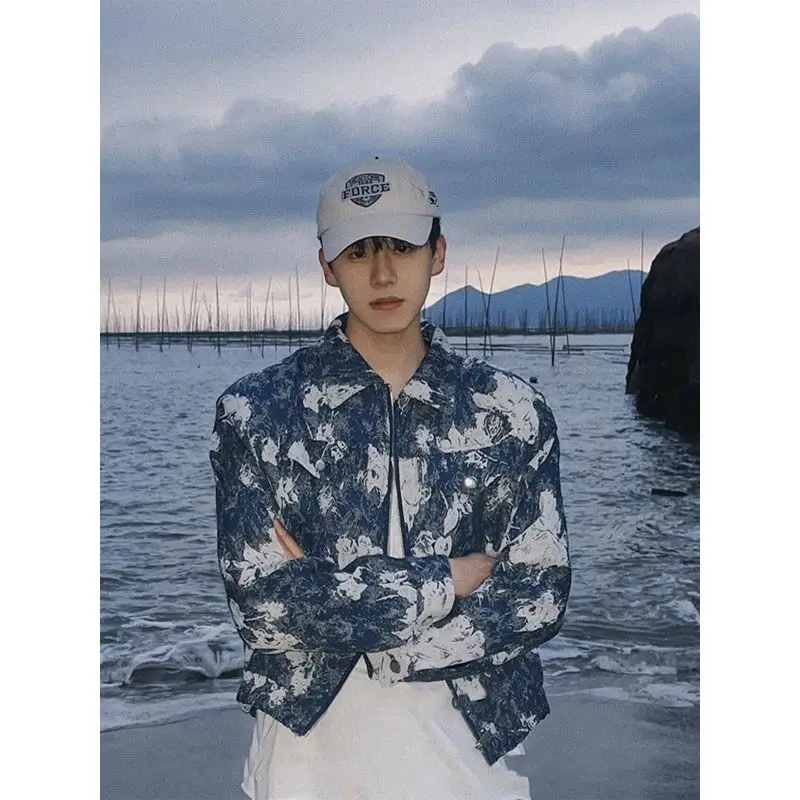 

American light blue tie-dye short coat unisex spring and autumn high street style long sleeve jacket casual fashion basic tops