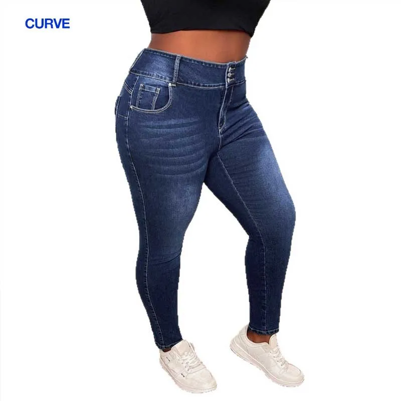 European and American Large Size Jeans Straight High Waist Elastic Hip Lift Thin Jeans
