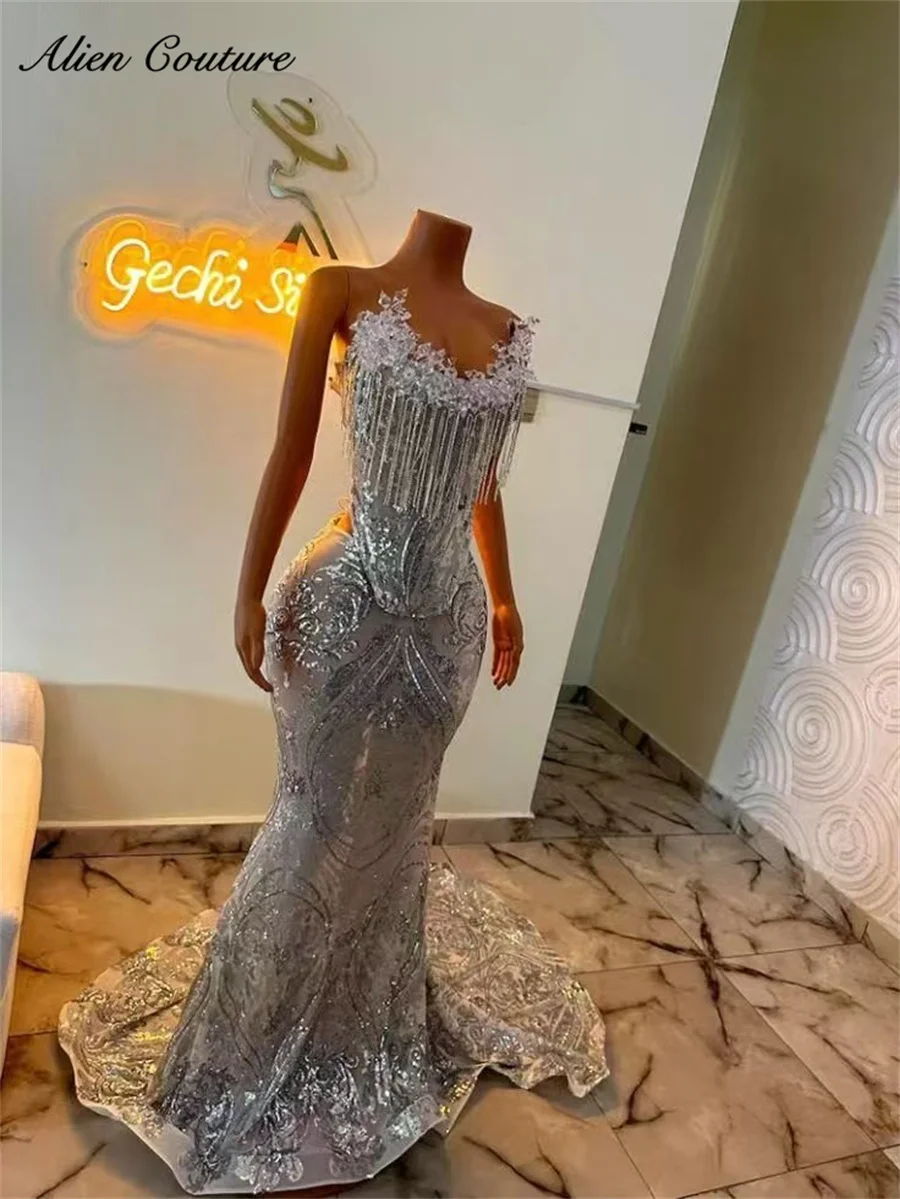

Exquisite Silver Crystals Evening Dress 2025 Luxury Tassels Diamonds Sequins Gown Birthday Dress Wedding Guest Gown Customized