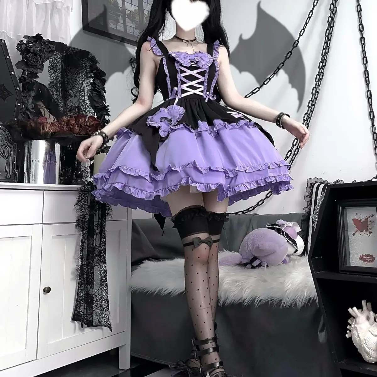 Halloween Victorian Lolita Jsk Dress Girl Witch Cosplay Purple Bowknot Strap Dress Gothic Women Fashion Kawaii Dresses