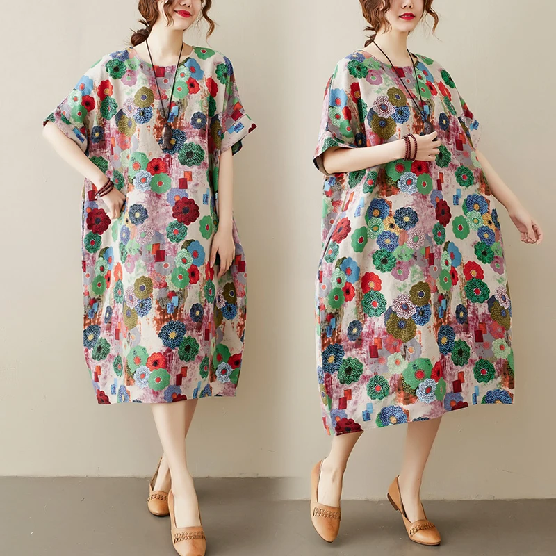 

Хлопково-льняное платье больших размеров, женское повседневное платье средней длины с ортопедическим принтом и цветочным принтом Dr Artistic Sle, круглый Ne