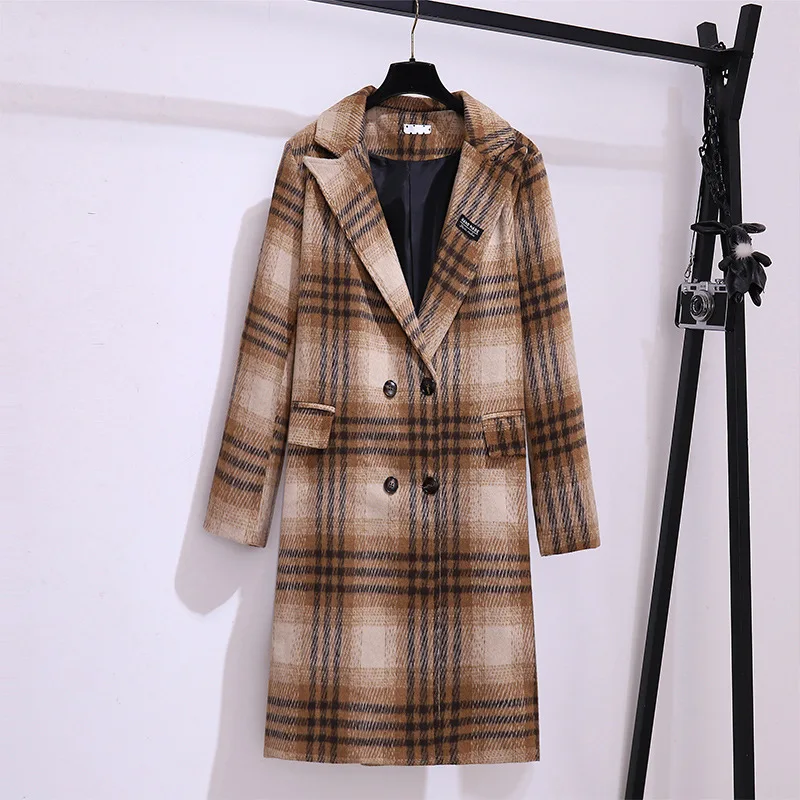 

Plaid Woolen Women Suit 1 Piece Blazer Long Jacket Double Breasted Formal Office Lady Business Work Wear Coat Fall Outfit