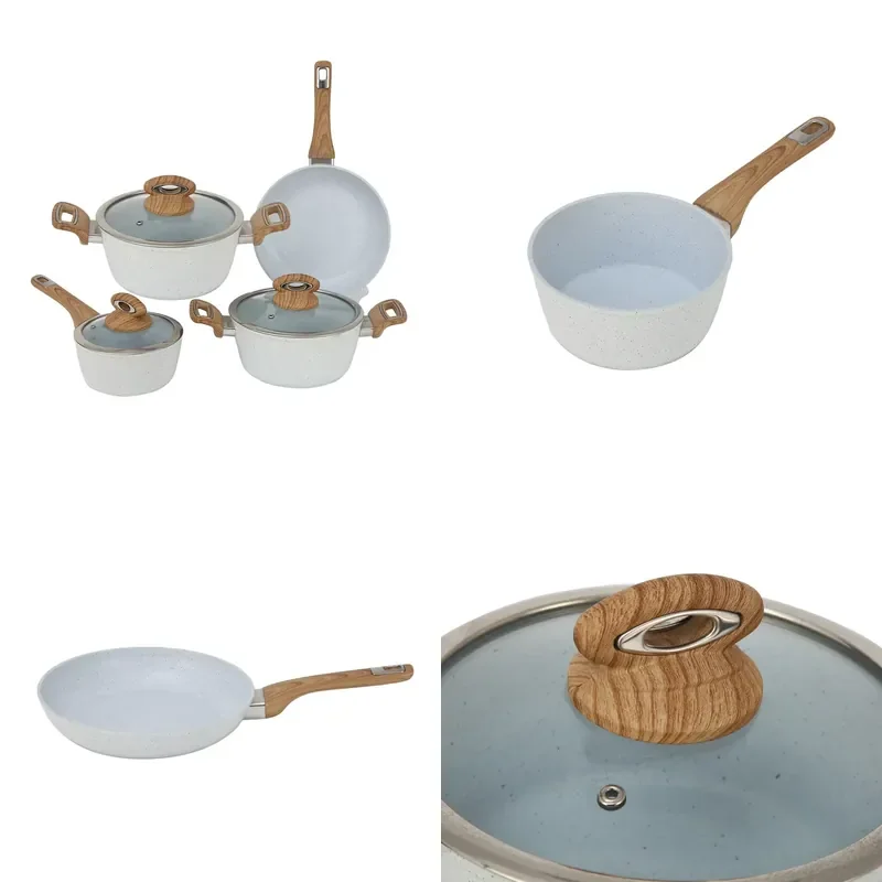 Granite Non Stick Aluminum Cookware Set Wok Pan with Wood Grain Handle and Tempered Glass Lid Kitchen Cooking Pots