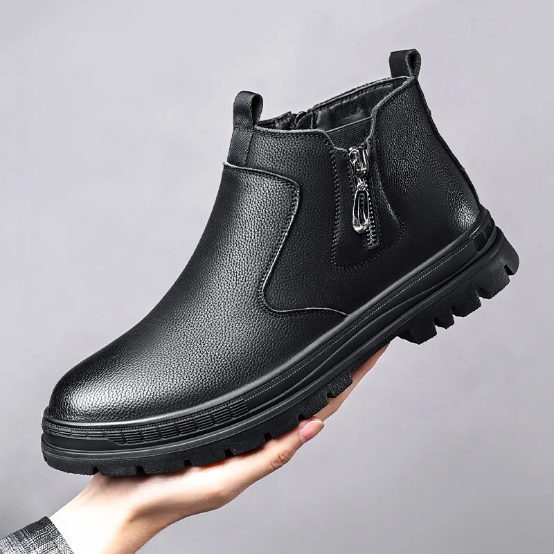 

Man Winter Chelsea Boots Fur Warm Male Casual Genuine Leather Shoes Designer Men's Dress Boot Handmade Zipper Business Footwear