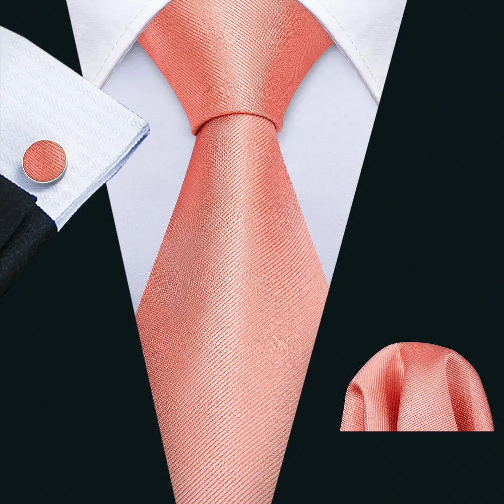 Designer Mens Tie Jacquard Necktie Pocket Square Cufflinks Set Coral Pink Solid for Male Men Wedding Busniess Party Ties Gift