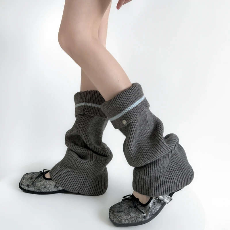 Fashion Turn Cuff Striped Knitted Leg Warmers with Metal Button for Women Slouchy Flared Leg Sleeves Boot Covers Socks