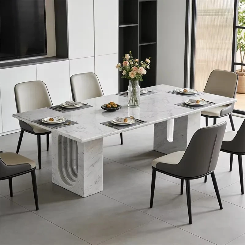 Style Carrara White Marble Dining Table with Openwork Legs for Villa Apartment Hotel Dininig Room Furniture