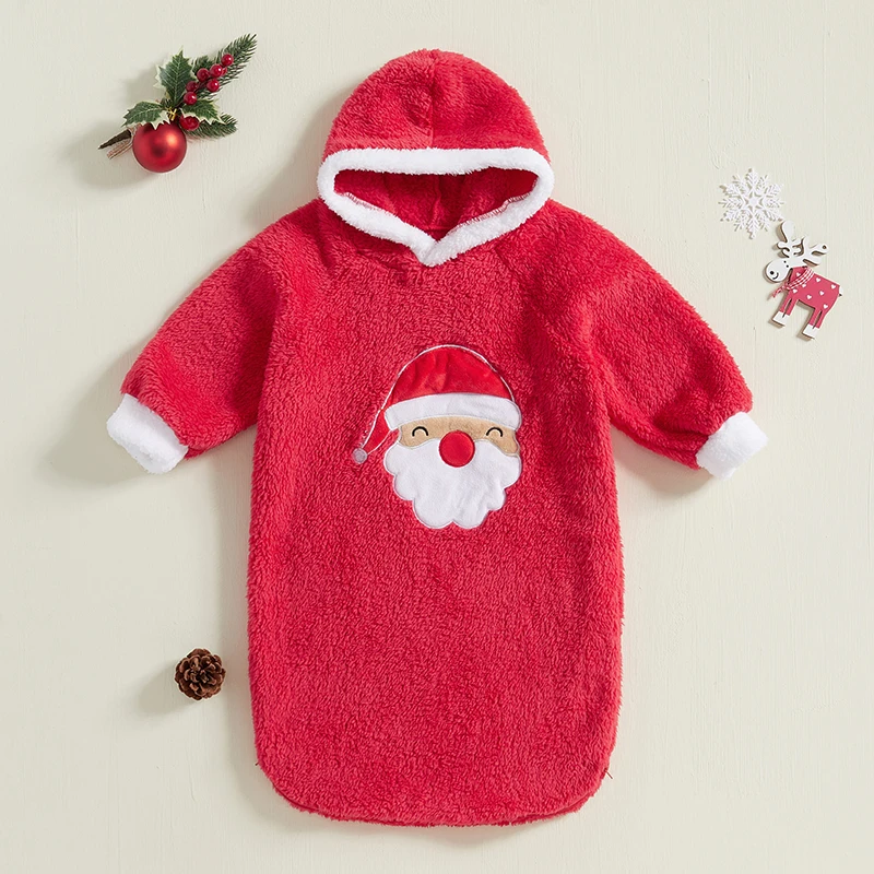 Christmas Reindeer Fleece Sleep Sack with Hooded Embroidery for Infants Soft Wearable Blanket for Boys and Girls Long Sleeve