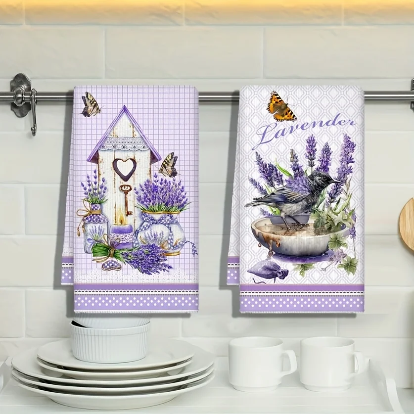 2-teiliges Set, Lavendelhaus, lila Blumen und Vögel, Küchentuch, schlichtes Lavendel-Blumen-Handtuch