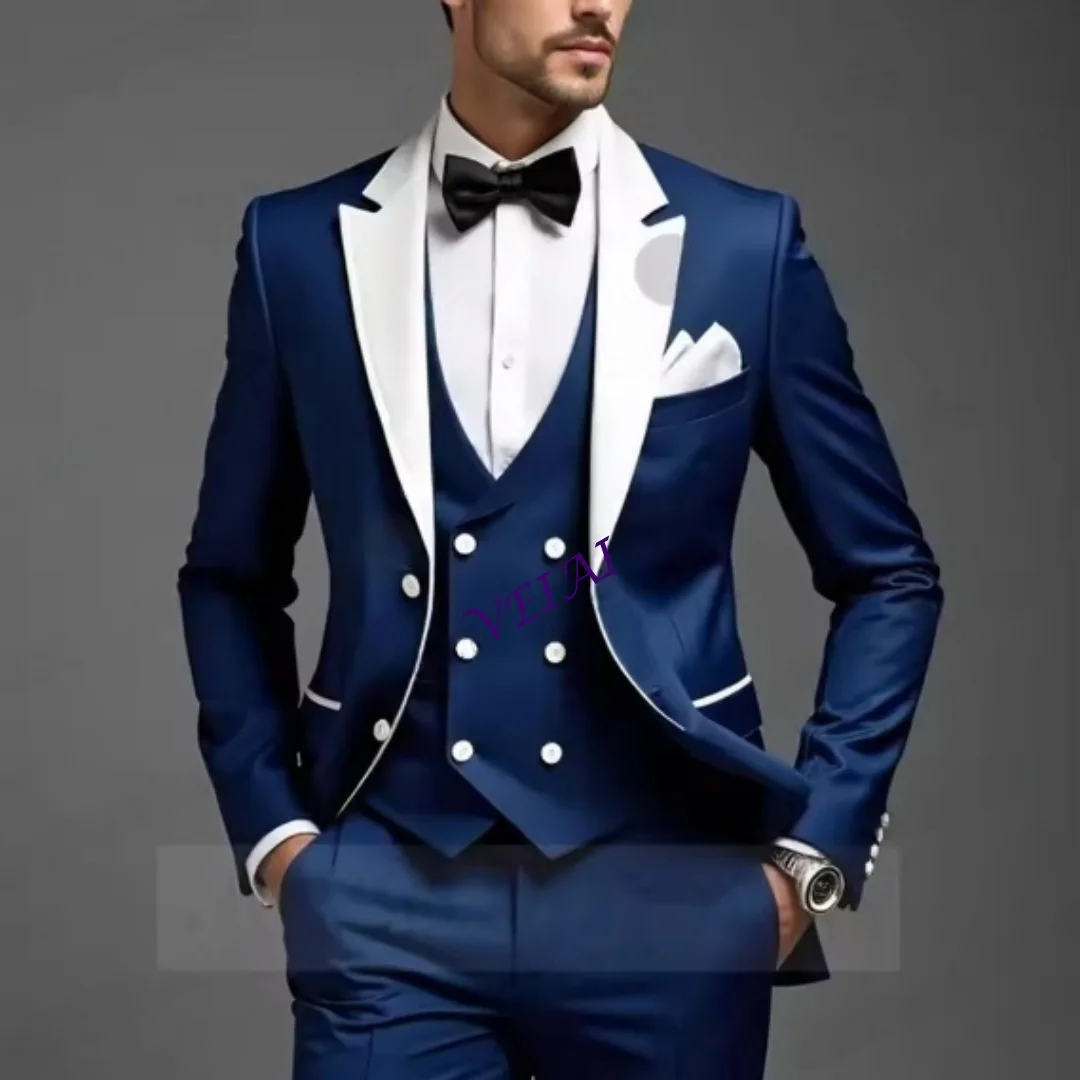 

CustomizedNavy Blue And White Formal Business Men Suit Groom Groomsman Wedding Party Prom Male Tuxedos 3 Piece Set Blazer Vest P