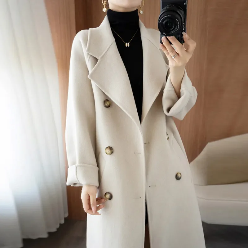 

100% Pure Woolen Double-Sided Cashmere Coat Women Autumn Winter New Double-Breasted Long Wool Jacket Female Loose Overcoat B572