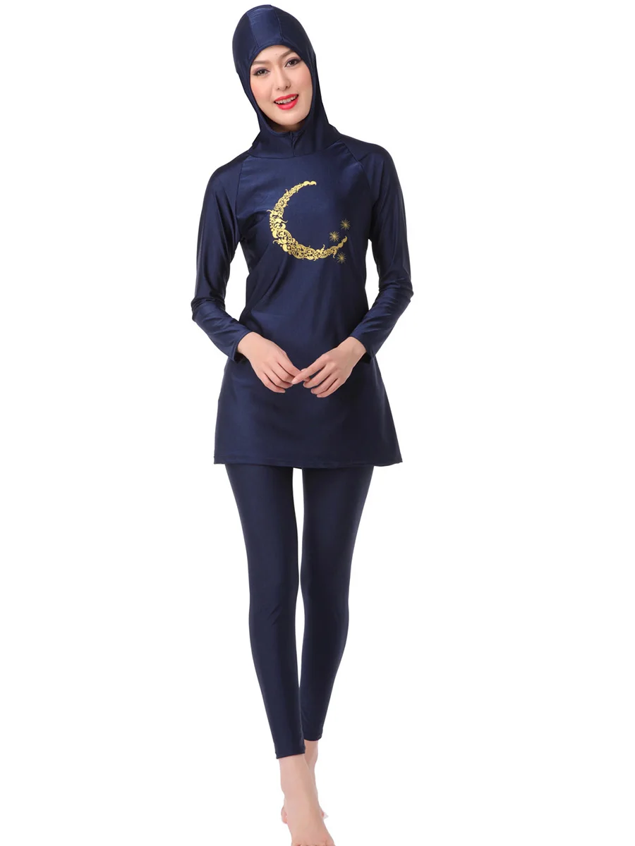 S-3XL Muslim Lady Printing Hooded Long Sleeves  Modest Swimming Clothing Arab Women 2 PCS Full Coverage Swimsuits