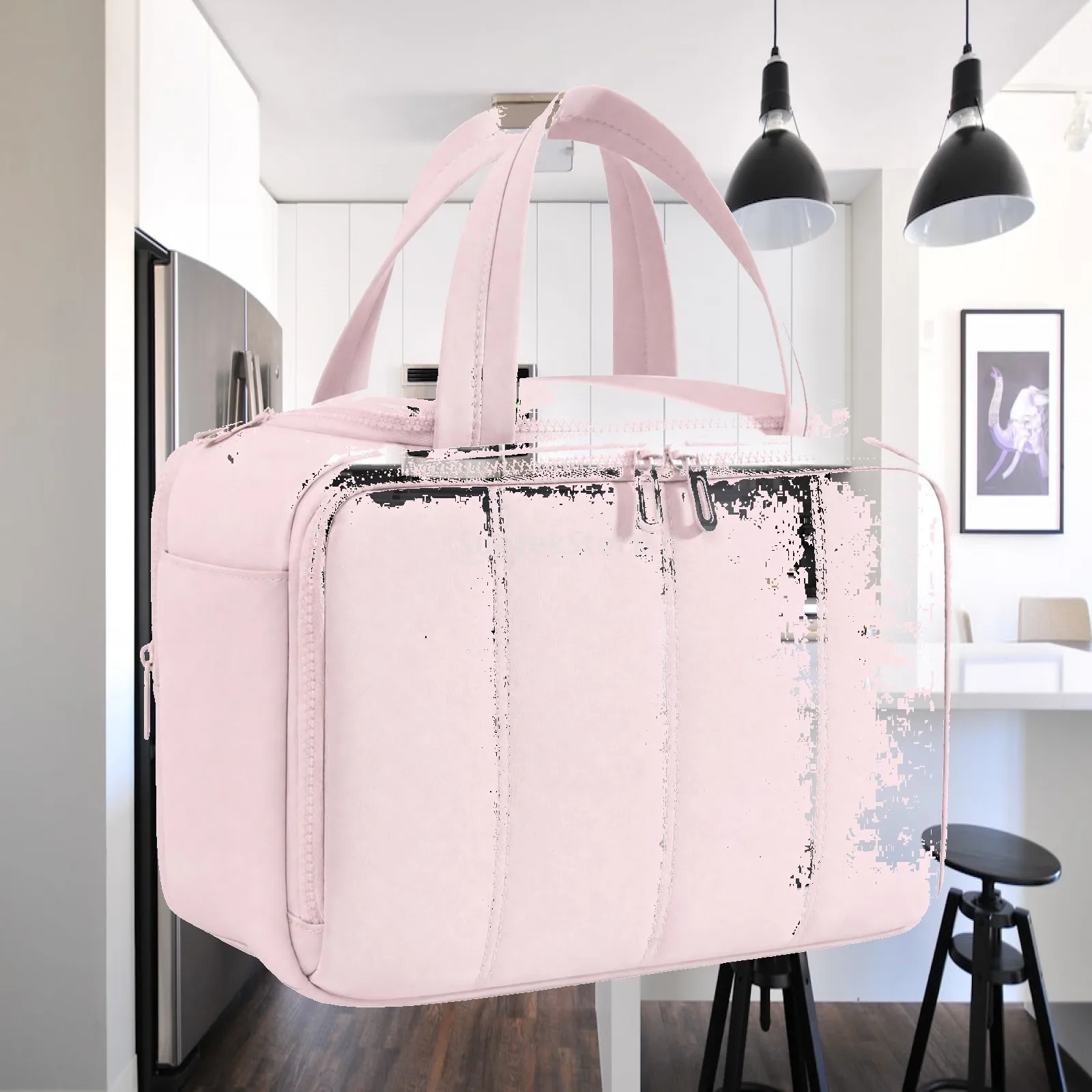 Quilted Waterproof Travel Toiletry Pouch for Cosmetics Portable Makeup Bag with Side Zipper Storage
