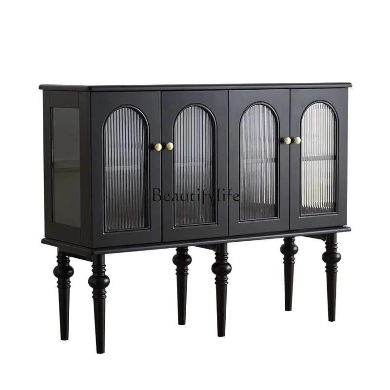 

French retro solid wood dining side cabinet black glass door storage rack