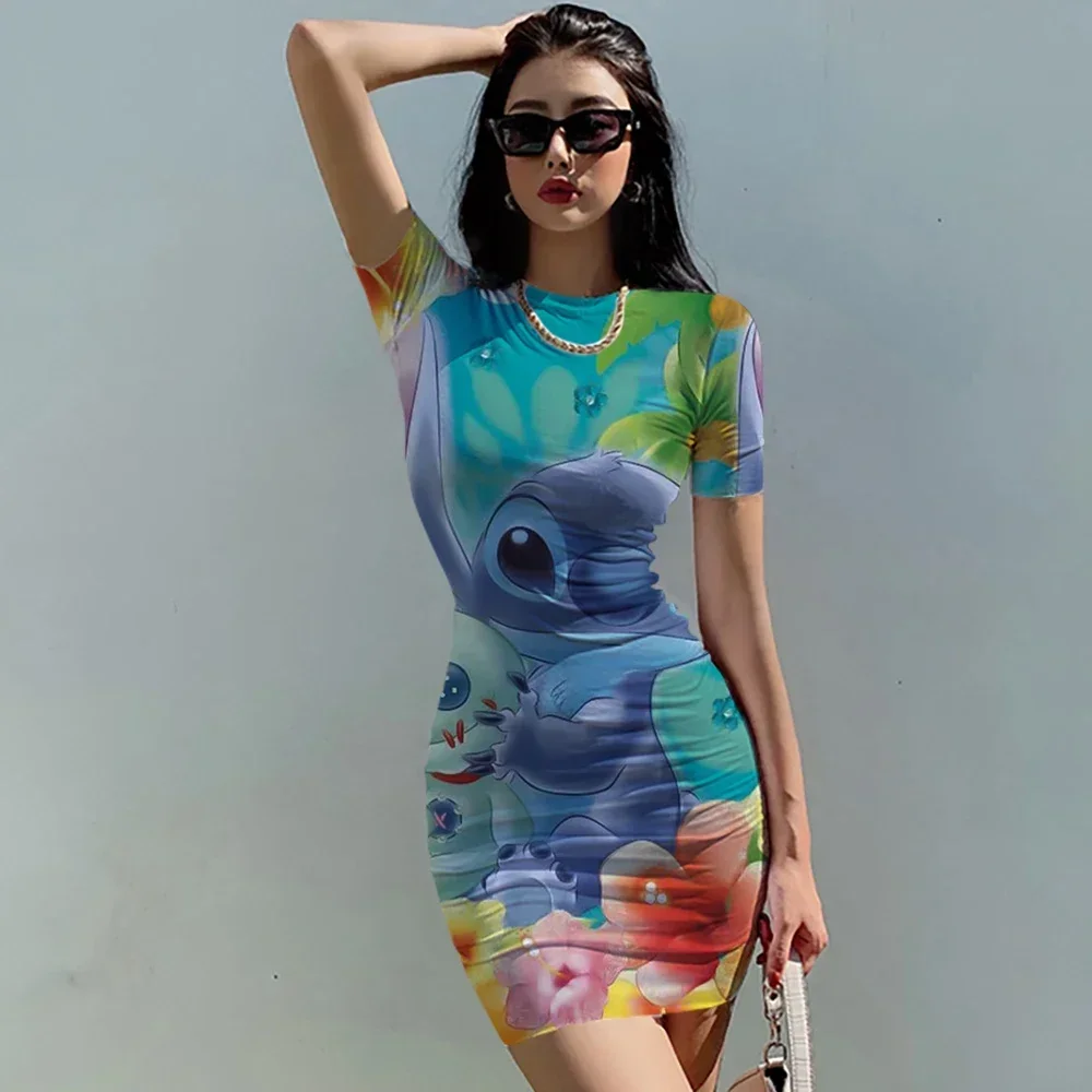 Elegant Dresses for Women 2022 Top Sexy Slim Fit Tight Women's Dress Casual Disney Stitch  Cartoon Fashion Print Mickey S-5XL