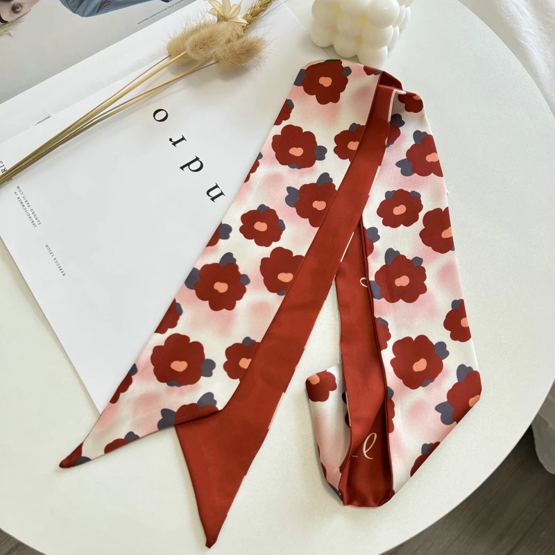 Tomato Red Floret Printed Long Hairband Skinny Neck Scarfs Women Headbands Hair Scarves Wrist Ribbon Bag Scarf For Women