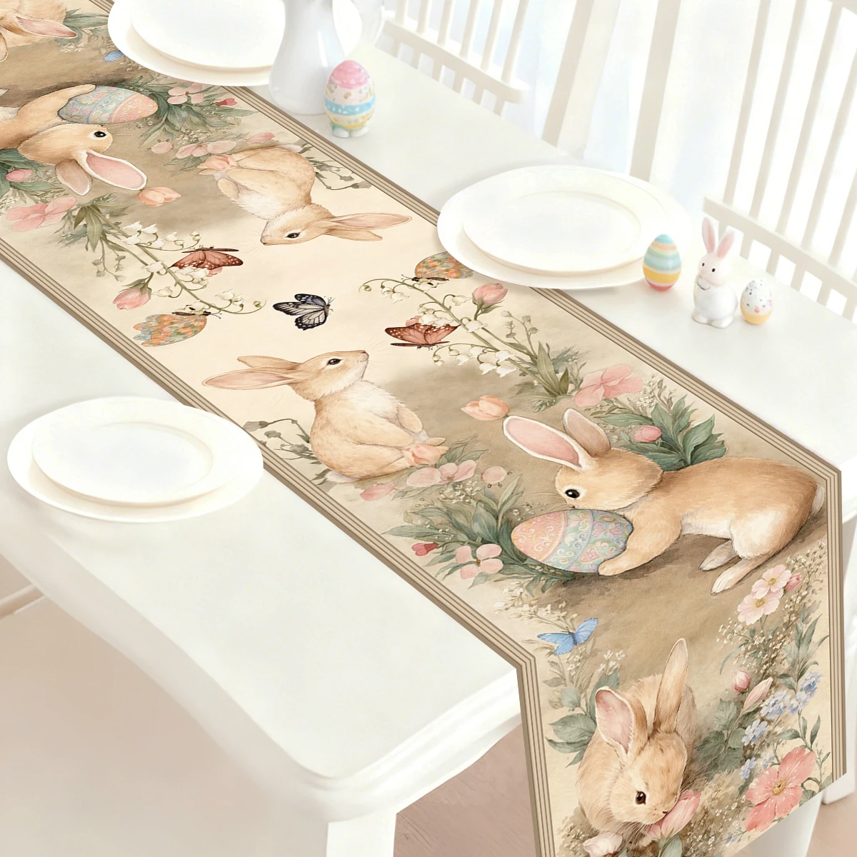 Easter Bunny Polyester Table Runner Happy Easter Decorations for Home 2026 Rabbit Butterfly Table Cloth Easter Party Supplies - Detail 1