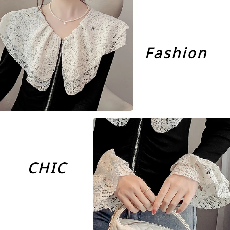 Chic Spliced Lace Crew Collar Long Sleeve T-Shirts Women Fashion Slim Young Sweet Sexy Popular All-match Tops Ladies Ins New BF
