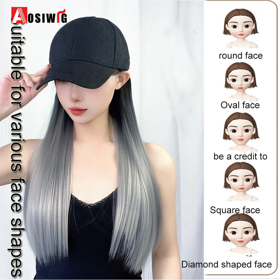 Synthetic18inch Black Baseball Hat  Long Straight Black Gradient White Tea Gray Fashion Hair Wig Heat Resistant Natural For Dail