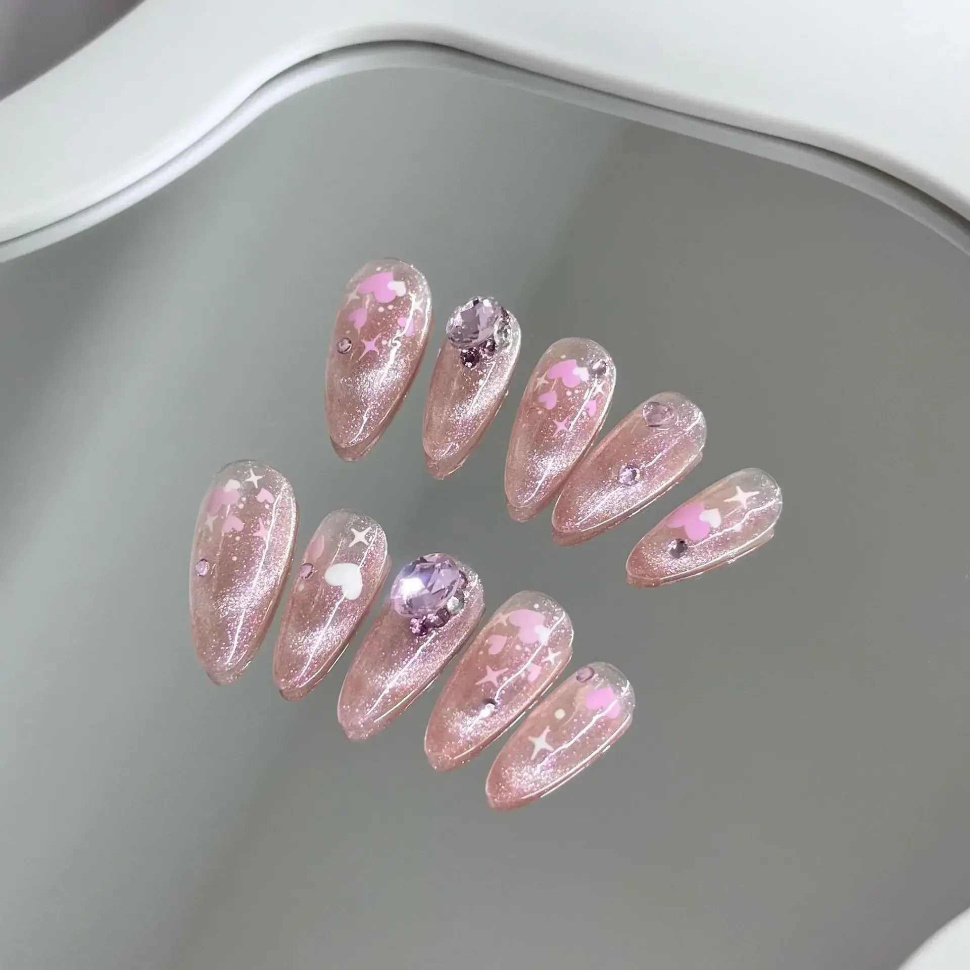 10pc rosa halo corante artesanal imprensa em unhas curto amêndoa unhas falsas com diamante destacável unhas falsas completa sobre manicure ponta do prego