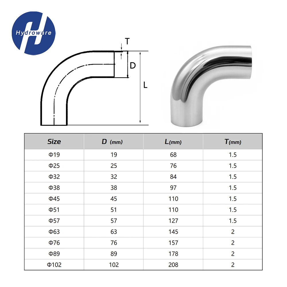 SS304/SS316 Sanitary Long Tangent 90 Degree Weld Elbow,19/25/32/38/45/51/57/63/76/89/102mm Mirror Polished Pipe Fitting Homebrew