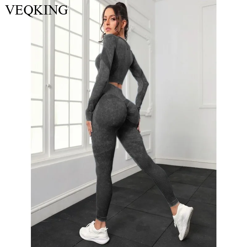 VEQKING Seamless Gym Set Women Long Sleeve Yoga Shirt Hip Lifting Sports Leggings Suit Elastic Running Fitness Workout Set