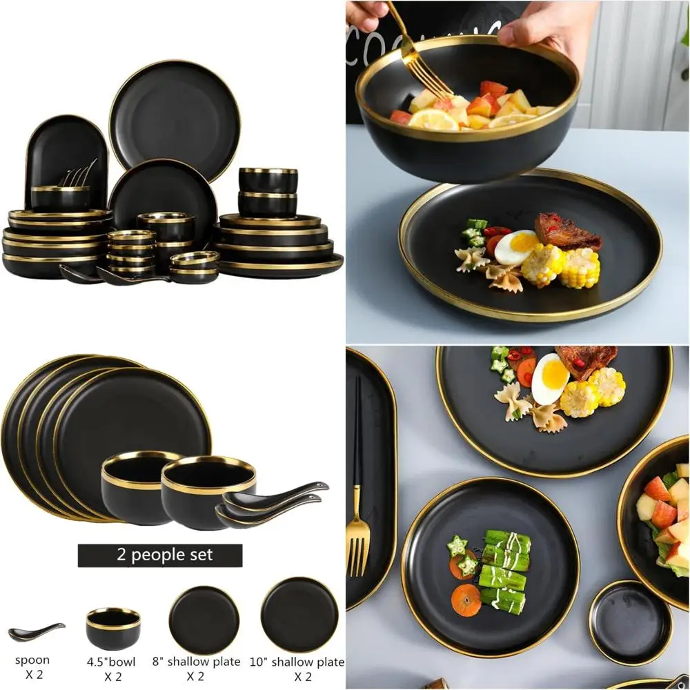 

Керамический черный набор посуды для кухонной посуды, фарфоровая посуда из 8 предметов, сервировочный поднос, миски для риса и салатов, миски для лапши,