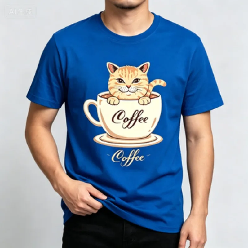 Cute Animal Men Cotton T-Shirt Coffee Cup Cat Graphic Print Coffee Letter Japanese Style Art Casual Fashion Short Sleeve Tee