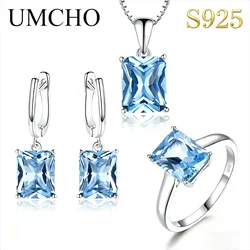 UMCHO Sky Blue Topaz Gemstone Wedding Jewelry Sets for Women 925 Sterling Silver Engagement Rings Necklace Pendant Clip Earrings